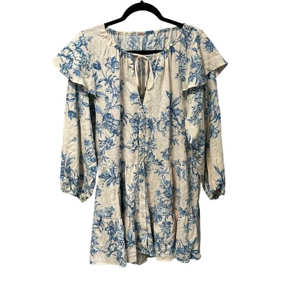 Free People Blue White Floral Tea Combo Sunbaked Swing Mini Dress Womens Medium - Picture 2 of 7